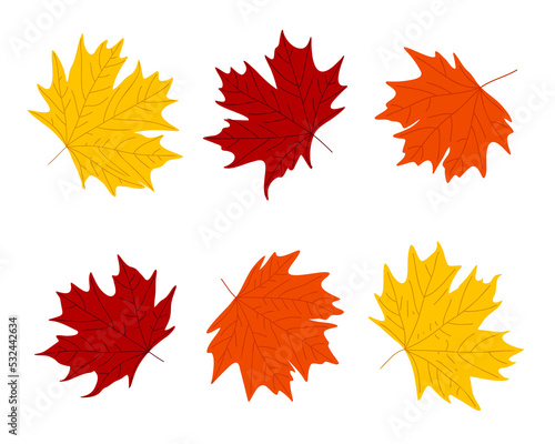 Colorful autumn maple leaves set. Autumnal yellow red orange leaf. Maple leaf fall. Flat simple abstract elements for seasonal foliage design. Vector illustration.