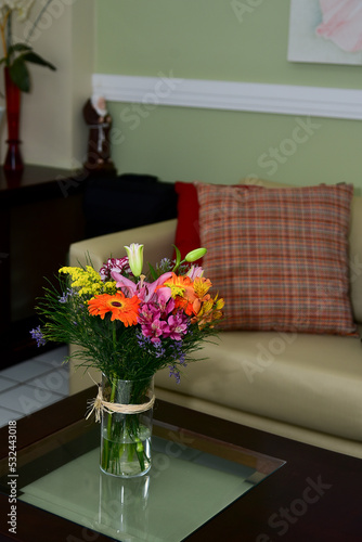 flowers and decoration in the room, ornamental flowers, coffee table decorated with flowers