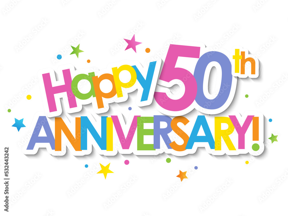 Colorful HAPPY 50th ANNIVERSARY! with dots on transparent background