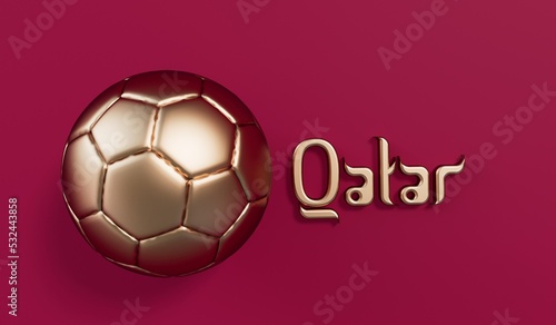 Golden soccer football with Qatar arabic style text. 3D Rendering