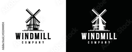 Windmill illustration symbol icon vector. Wind turbines vintage logo design photo