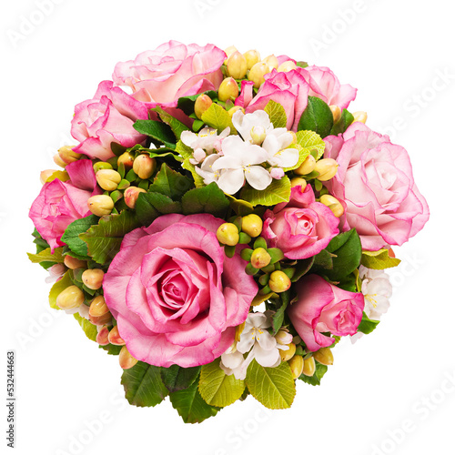 Floral composition with roses  hypericum and apple blossom. View from above.