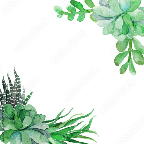 watercolor flower frame backgrounds. Beautiful greeting card with green leaves on white background. illustration.