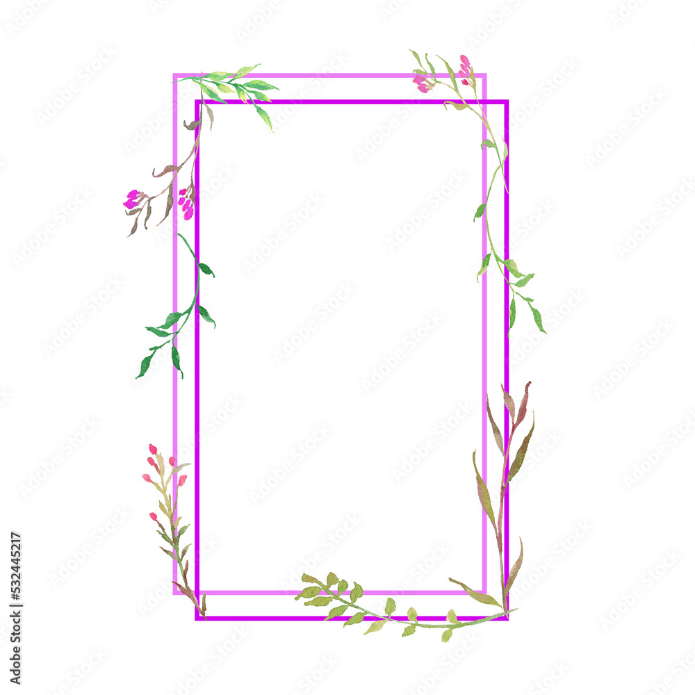 Obraz premium Watercolor wreath of purple creeper flowers and green leaves. watercolor with square frame isolated on white background