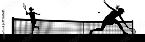 Tennis match silhouette scene with women players playing across net scene