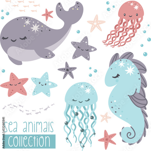 Vector collection of marine animals. Cute whale, seahorse, jellyfish, starfish, air bubbles, flocks of fish. Cute animals of the ocean 