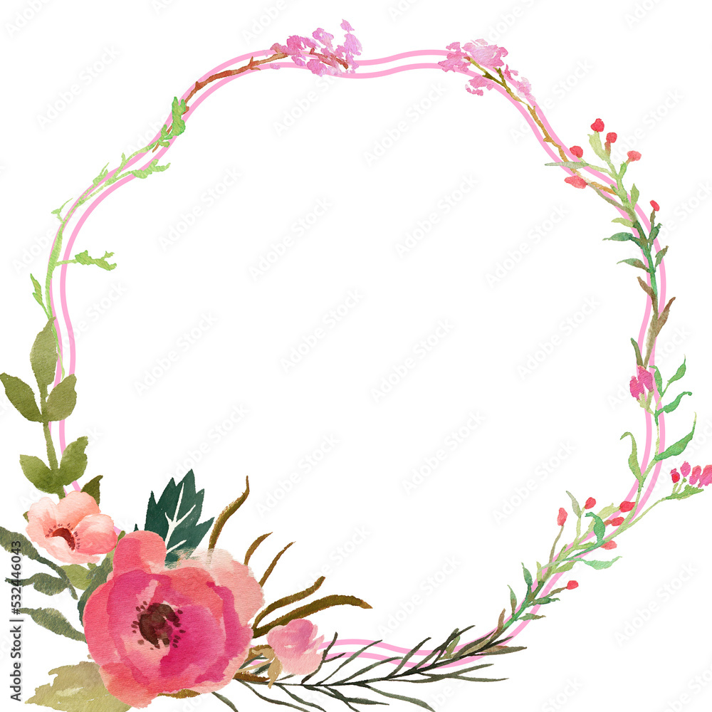 watercolor flower frame. watercolor wreath made in . Unique decoration for greeting cards, wedding invitations. Isolated floral design.