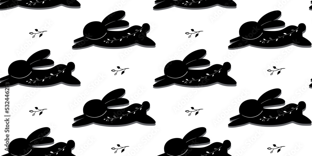 Black rabbit 2023 seamless pattern. Minimalistic Christmas pattern for stylish design. Trendy print in Scandinavian style. Black and white vector pattern. Black rabbit 2023 seamless pattern. Minimalistic Christmas pattern for stylish design. Trendy print in Scandinavian style. Black and white vector pattern.