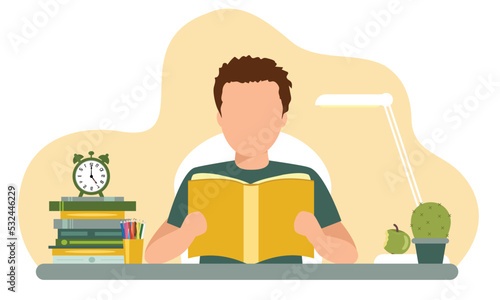 European boy reading book in the table. Studying. Back to school. Vector illustration.