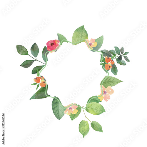 watercolor flower frame circle. Round leaf and flower design on white background. All elements are isolated .