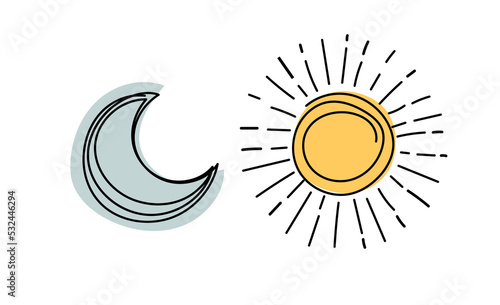 Outline weather icons set, crescent moon and sun, simple boho hand drawing. Vector line illustration isolated on white background.