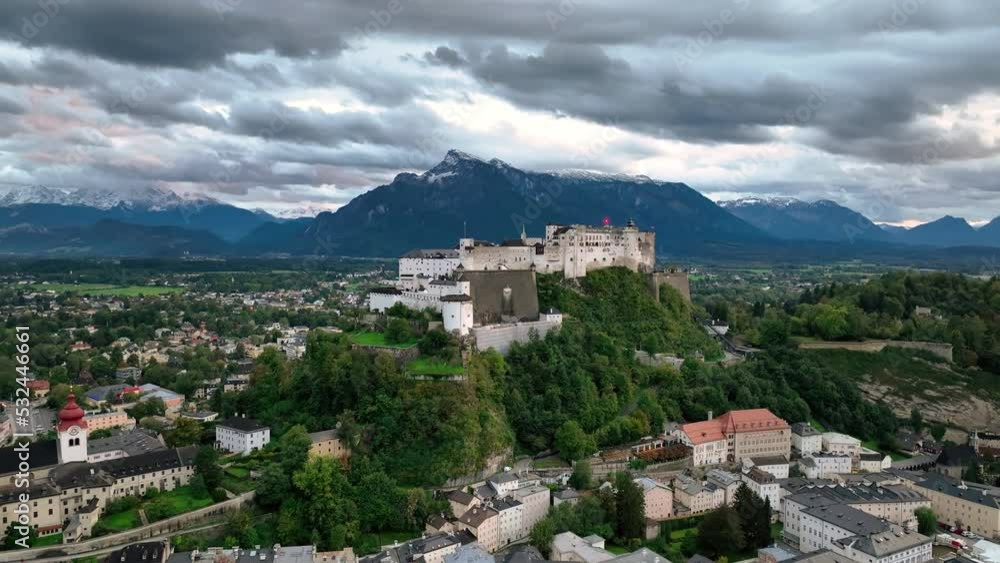 aerial view Salzburg Austria skyline of Salzburg castle river old town in 4k after sunset aerial view Salzburg Austria skyline of Salzburg castle river old town in 4k after sunset