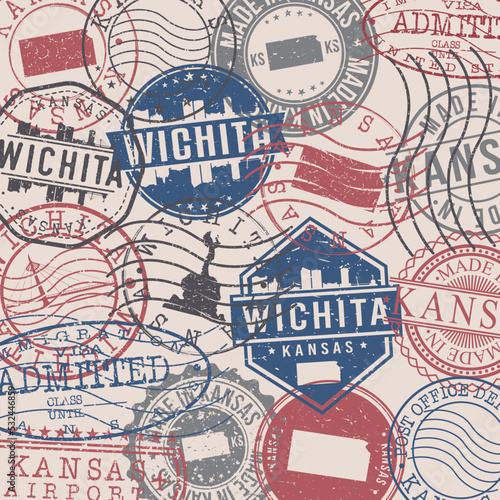 Wichita, KS, USA Set of Stamps. Travel Stamp. Made In Product. Design Seals Old Style Insignia.