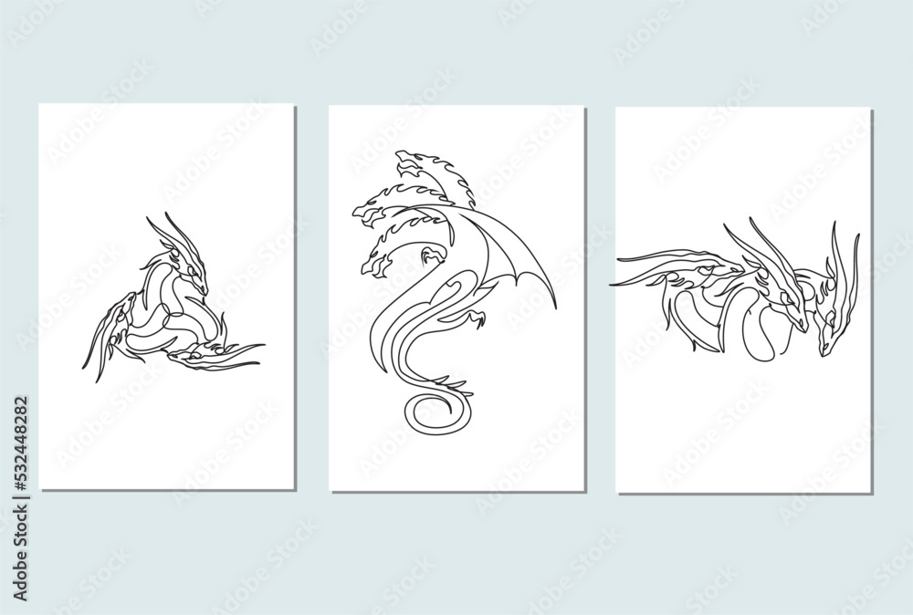 Single continuous line drawing of monsters dragon set of 3 posters. Magical legend creature mascot concept for martial art association. One line draw design illustration
