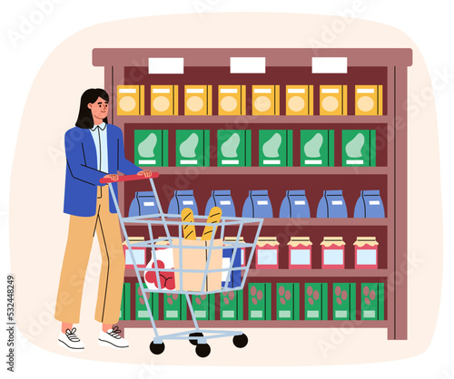 Woman with a shopping cart in the supermarket. Girl in the shop choosing food. Flat vector illustration.