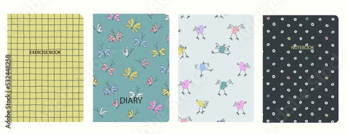 Set of cover page templates based on patterns with chickens, birds, butterflies, moths, plaid, abstract circles. Blue, Backgrounds for notebooks, notepads, diaries, planner. Headers isolated