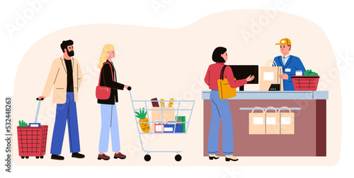 People standing in a queue with a shopping basket, shopping cart in the supermarket. Customers of the shop at the cash register. Flat vector illustration.