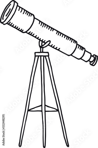 Telescope sketch. Astronomy optical device. Space research icon