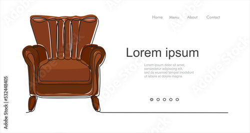 continuous one line drawing of spacious modern armchair. Can used for logo, emblem, slide show and banner. Illustration with quote template. One line vector illustration. 