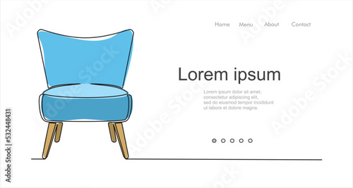 continuous one line drawing of spacious modern armchair. Can used for logo, emblem, slide show and banner. Illustration with quote template. One line vector illustration. 