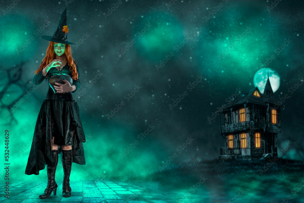 Witch on Halloween. Female wizard fairy character for All Saints' Day