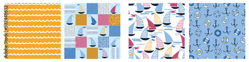 Seamless patterns set with hand drawn sailing boats, anchors, fishhooks, safety rings for surface design and other design projects. Sailing and fishing concept