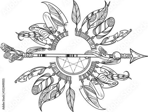 Tribal dreamcatcher with indian arrow. Round feather frame
