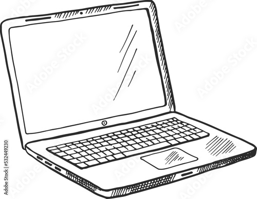Laptop sketch. Open computer with blank screen in hand drawn style