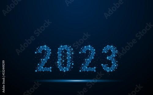 Happy New Year 2023. Digital low poly wireframe style design with connection points. vector illustration 