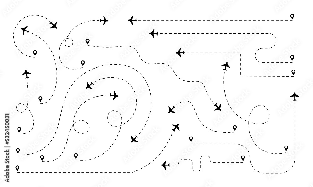 vector illustration of a collection of airplane routes with various ...