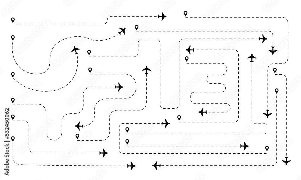vector illustration of a collection of airplane routes with various ...