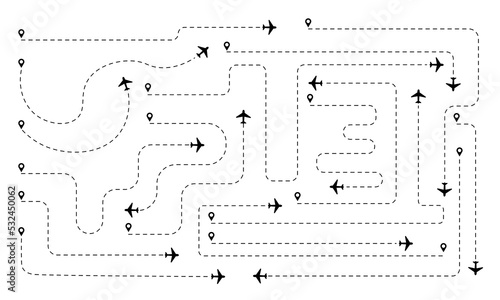 vector illustration of a collection of airplane routes with various shapes