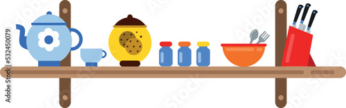 Crockery and cooking tools on kitchen shelf. Tableware and dishware