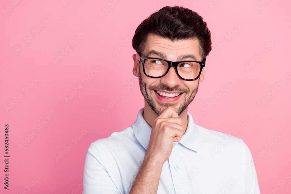 Closeup photo of young attractive handsome positive nice man touch chin toothy smile dreamy look deal offer isolated on bright pink color background