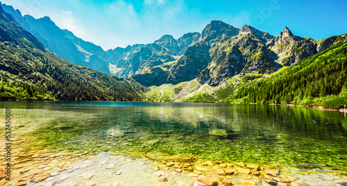 Tatra National Park in Poland. Famous mountains lake Morskie oko or sea eye lake In High Tatras. Five lakes valley