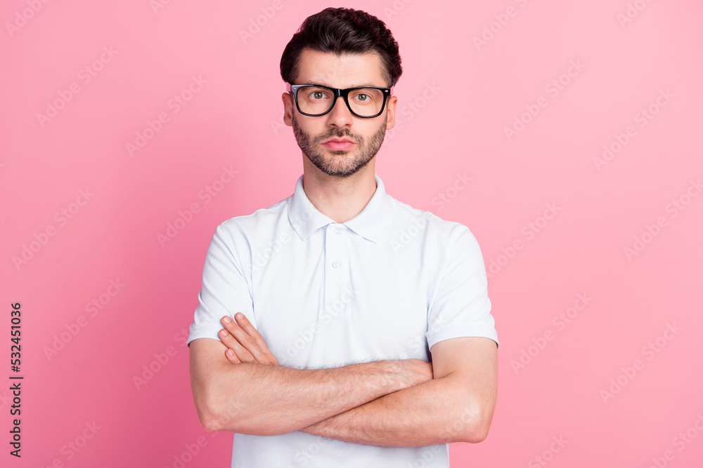 Photo of young handsome attractive serious man wear glasses folded arms professional manager office worker look you isolated on bright pink color background Photo of young handsome attractive serious man wear glasses folded arms professional manager office worker look you isolated on bright pink color background