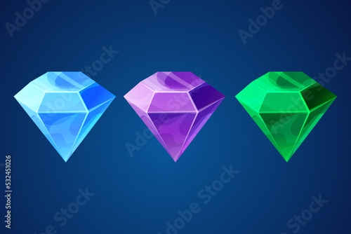 Diamond set game gemstone shiny stone in cartoon style isolated on background. Jewellery, treasure ui element photo