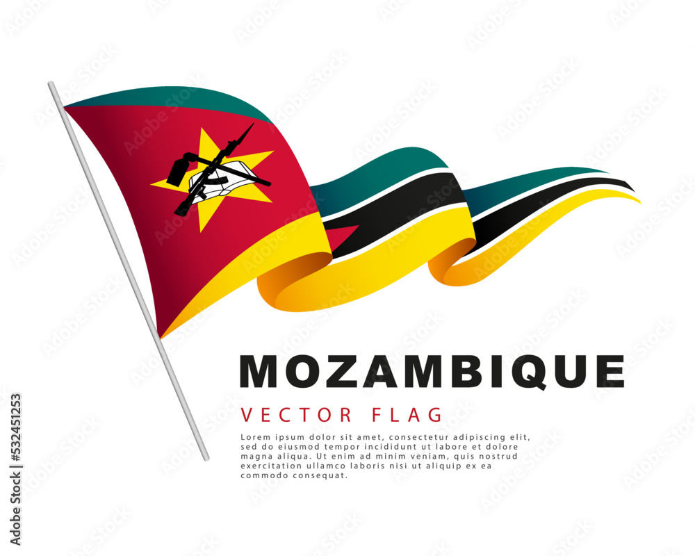 The flag of Mozambique hangs on a flagpole and flutters in the wind. Vector illustration isolated on white background.