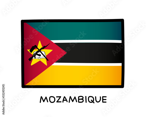 Free Download Flag of Mozambique. Colorful Mozambican flag logo. Green, black, white and yellow hand-drawn brush strokes. Black outline. Vector illustration - GFXLoad