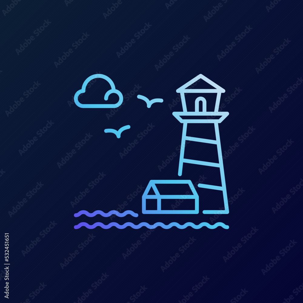 Naklejka premium Lighthouse with Seagulls and House vector blue colorful line icon