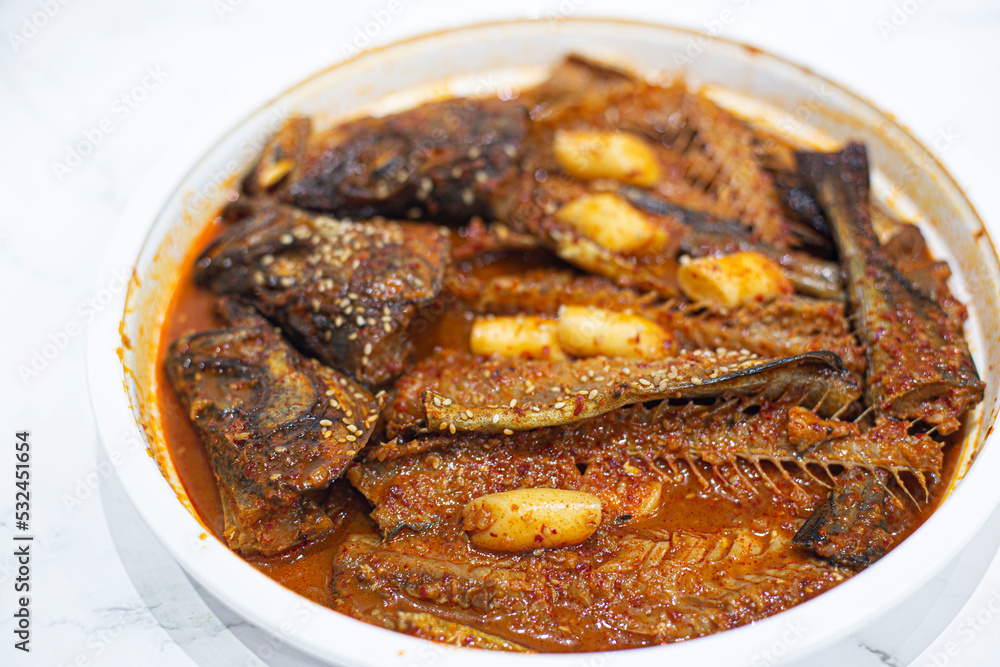 Dried pollock. Korean style spicy pollack stew. Dried pollock. Korean style spicy pollack stew.