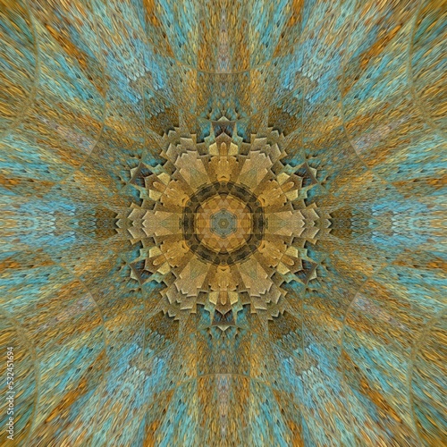 hexagonal kaleidoscopic turquoise gold and brown coloured patterns and design