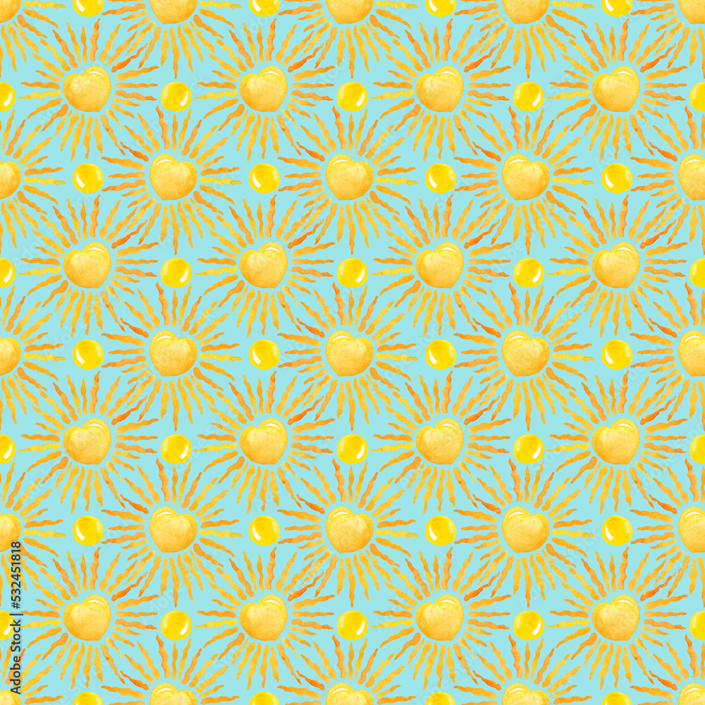 Watercolor summer yellow sun seamless pattern. Hand drawn cute  background. Repeatable texture, surface, wrapping paper, stationery, wallpaper,  fabric, paper, textile