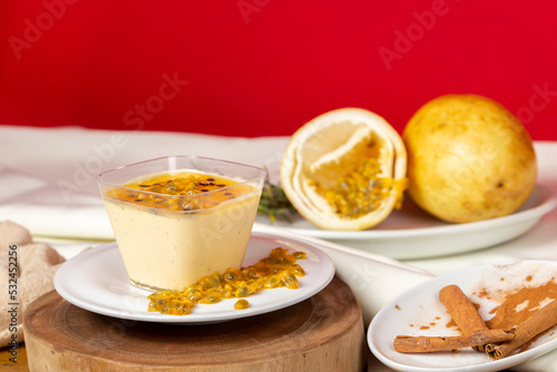 delicious passion fruit mousse in a rustic setting.