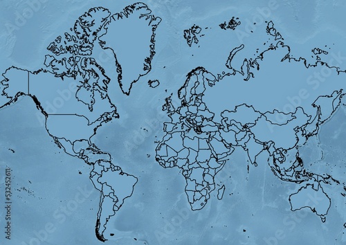 The World map with the outline in black and the ocean in blue photo
