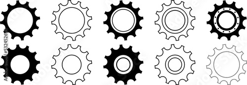 Set of gears, cogwheels. Black flat design element. Isolated png illustration, transparent background. Asset for overlay, montage, collage, presentation. Business and technology concept.