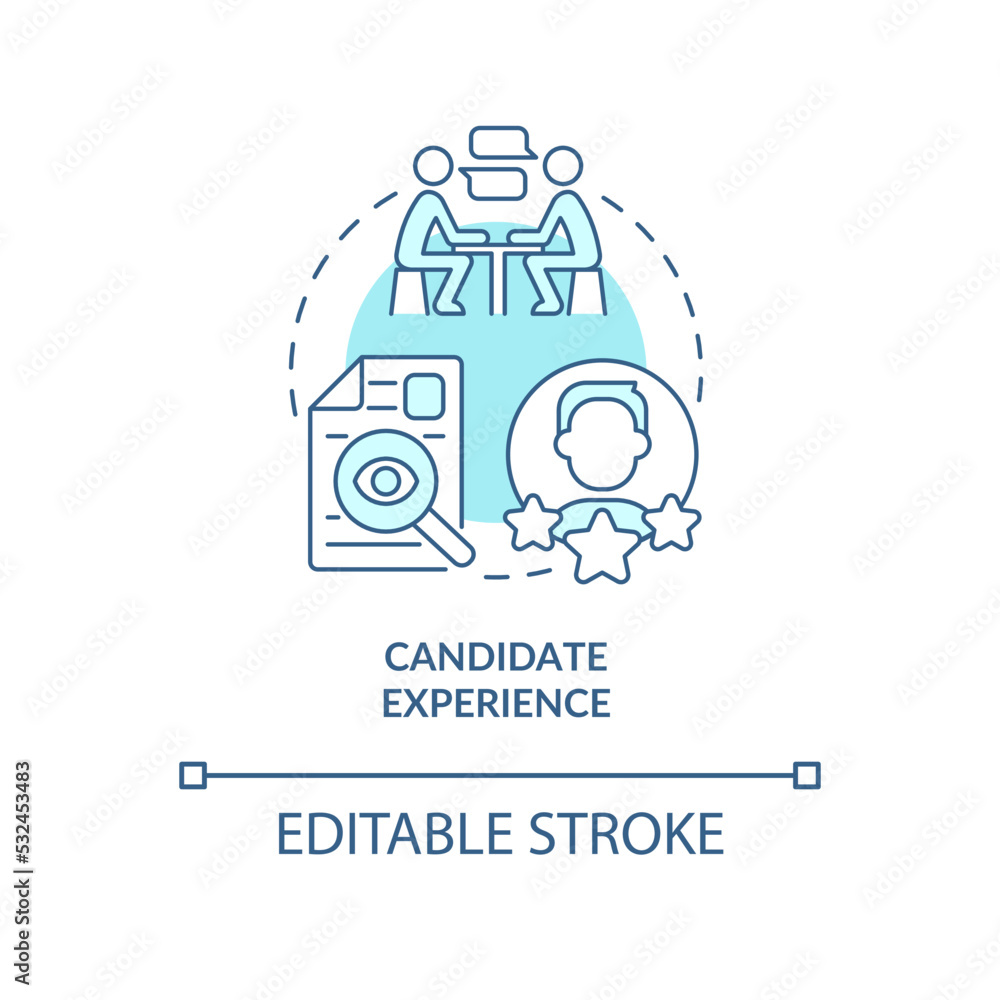 Candidate experience turquoise concept icon. Applicant interview. Finding talent abstract idea thin line illustration. Isolated outline drawing. Editable stroke. Arial, Myriad Pro-Bold fonts used