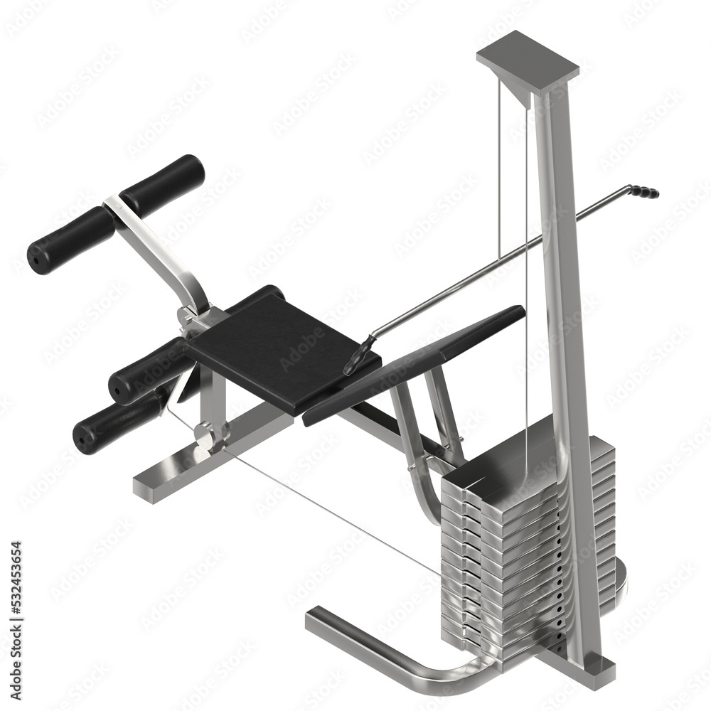 3D rendering illustration of a pectoral and leg bench machine gym equipment 3D rendering illustration of a pectoral and leg bench machine gym equipment