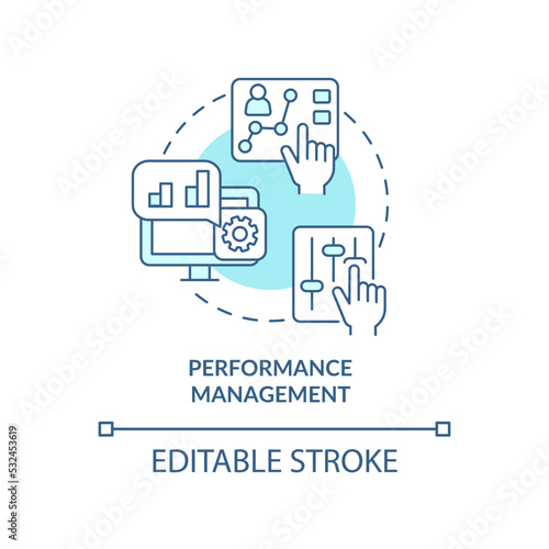 Performance management turquoise concept icon. Work productivity. Employee efficiency abstract idea thin line illustration. Isolated outline drawing. Editable stroke. Arial, Myriad Pro-Bold fonts used