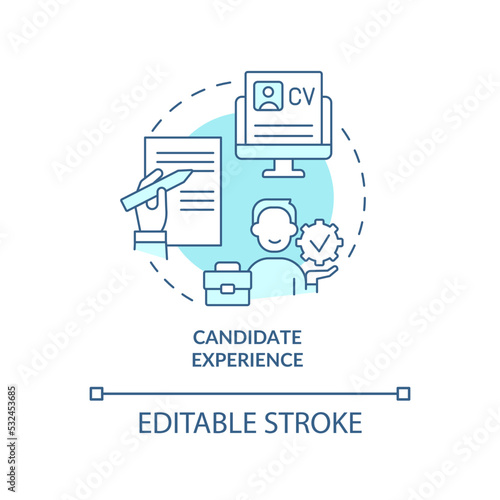 Candidate experience resume turquoise concept icon. Review resume. Applicant skills abstract idea thin line illustration. Isolated outline drawing. Editable stroke. Arial, Myriad Pro-Bold fonts used